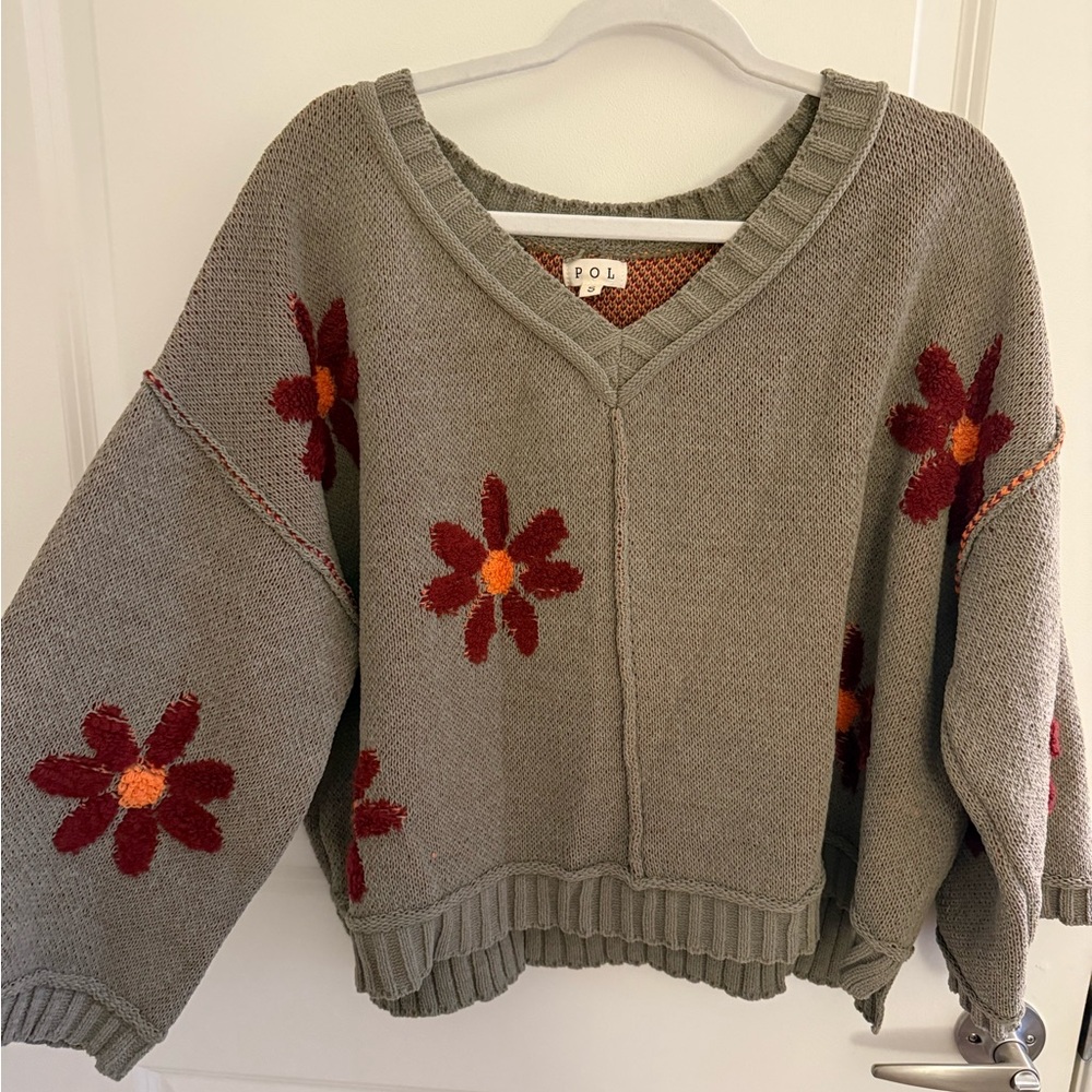 Women's Green Sweater with Red Floral Design